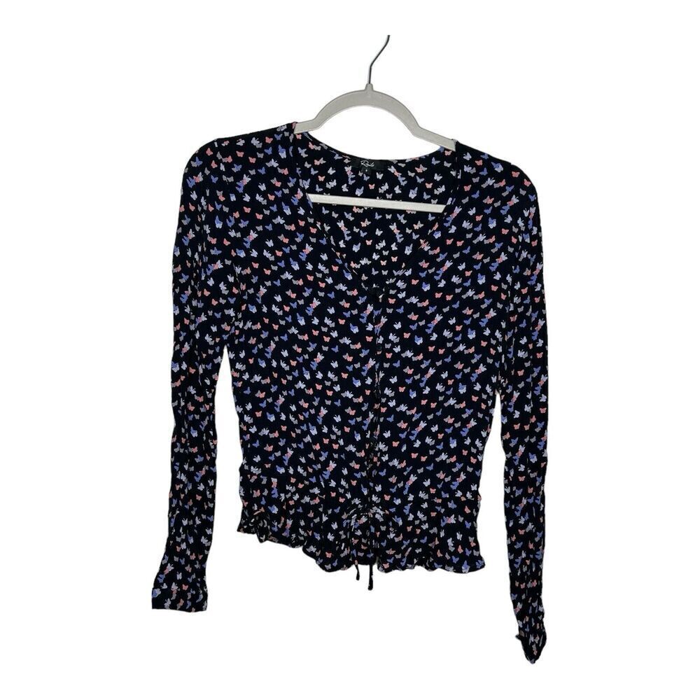 Rails Top Womens Small Beaux‎ Mariposa Butterfly Print Ruffle Waist Blouse Boho